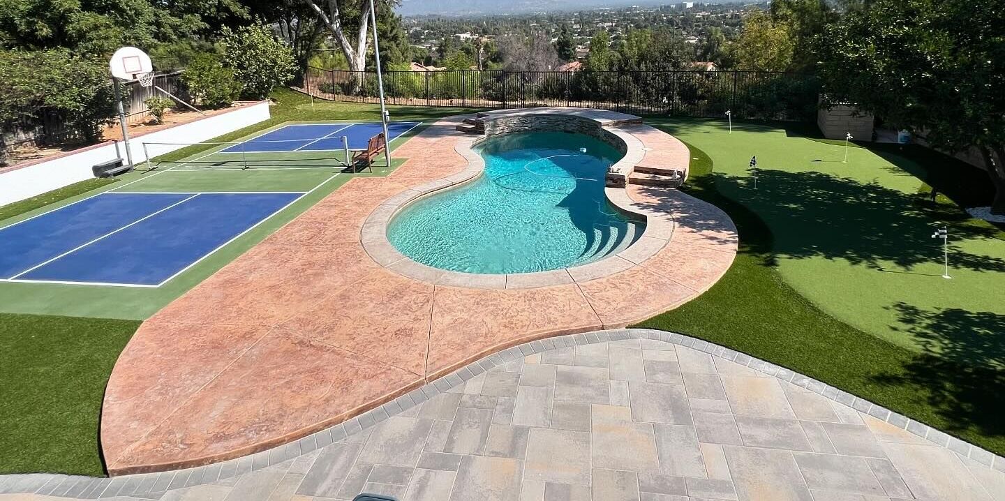 Pavers, Evergreen and Links Putt Putting Green Pomona Pool Deck Pavers, Claremont Artificial Grass & Pavers